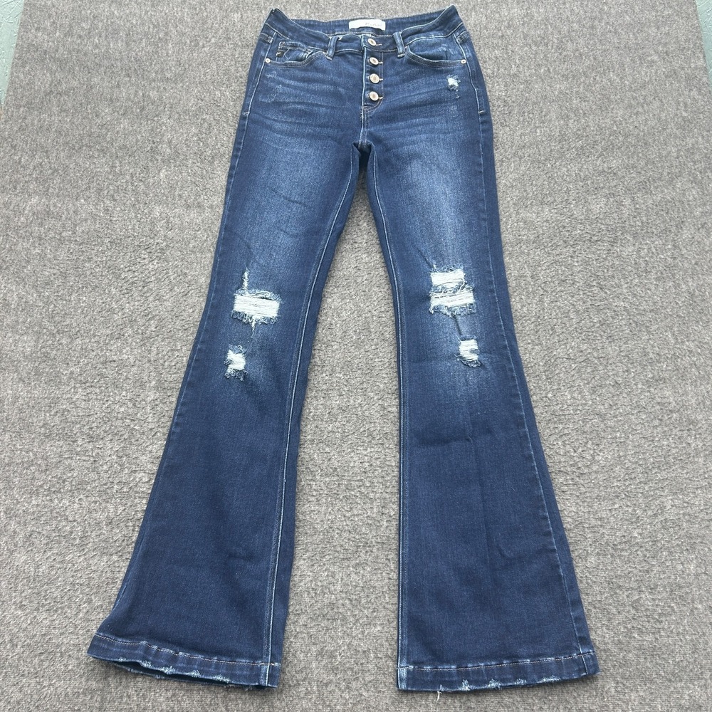 KanCan Signature Mid Rise Super Flare Jeans Distressed Button Fly 9/28 Grunge